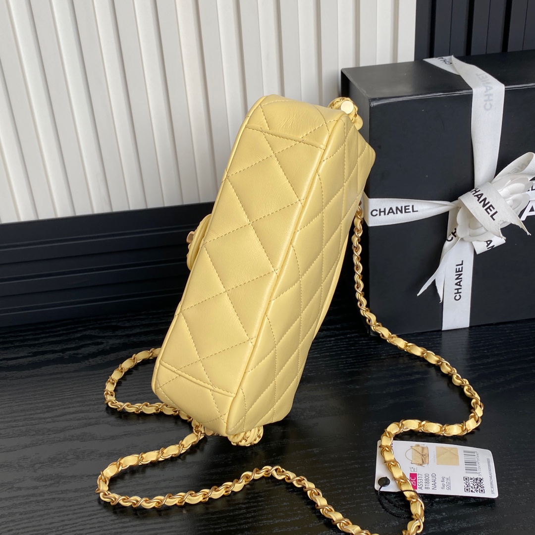Bagsaaa Ch**el Flap Bag with Top Handle AS5317 Yellow Lambskin - 22 x 24 x 6cm