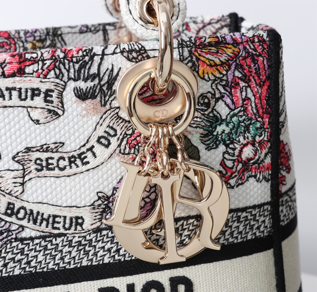 Bagsaaa Medium Lady D-Lite Bag Latte Embroidery with Multicolor D10r Cabinet de la Mer Motif - 24cm