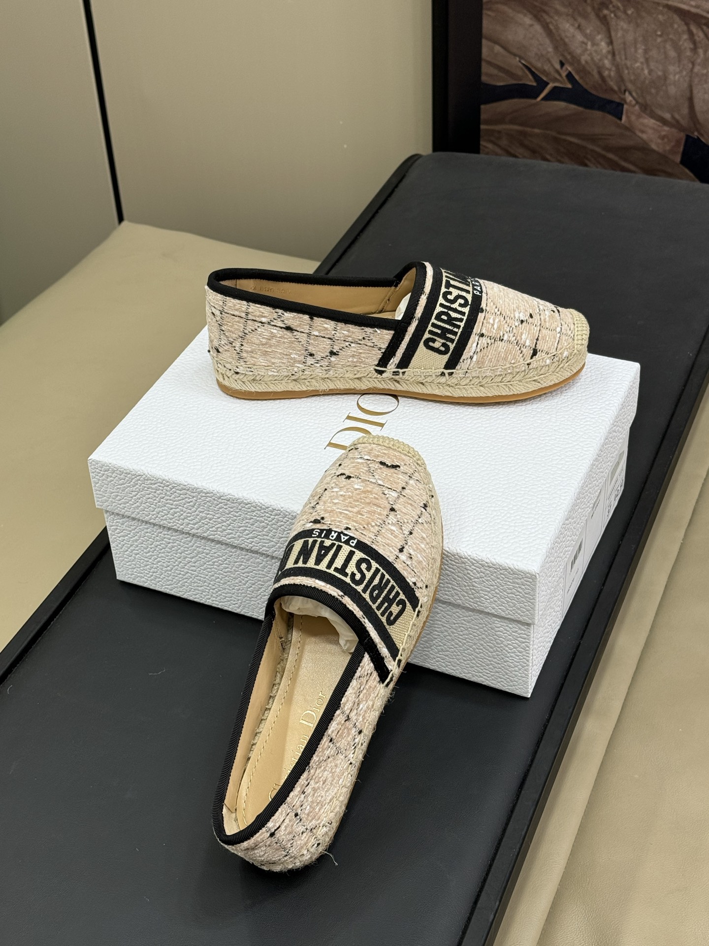 Bagsaaa D10r Granville Espadrille Beige and Black Cannage Tweed