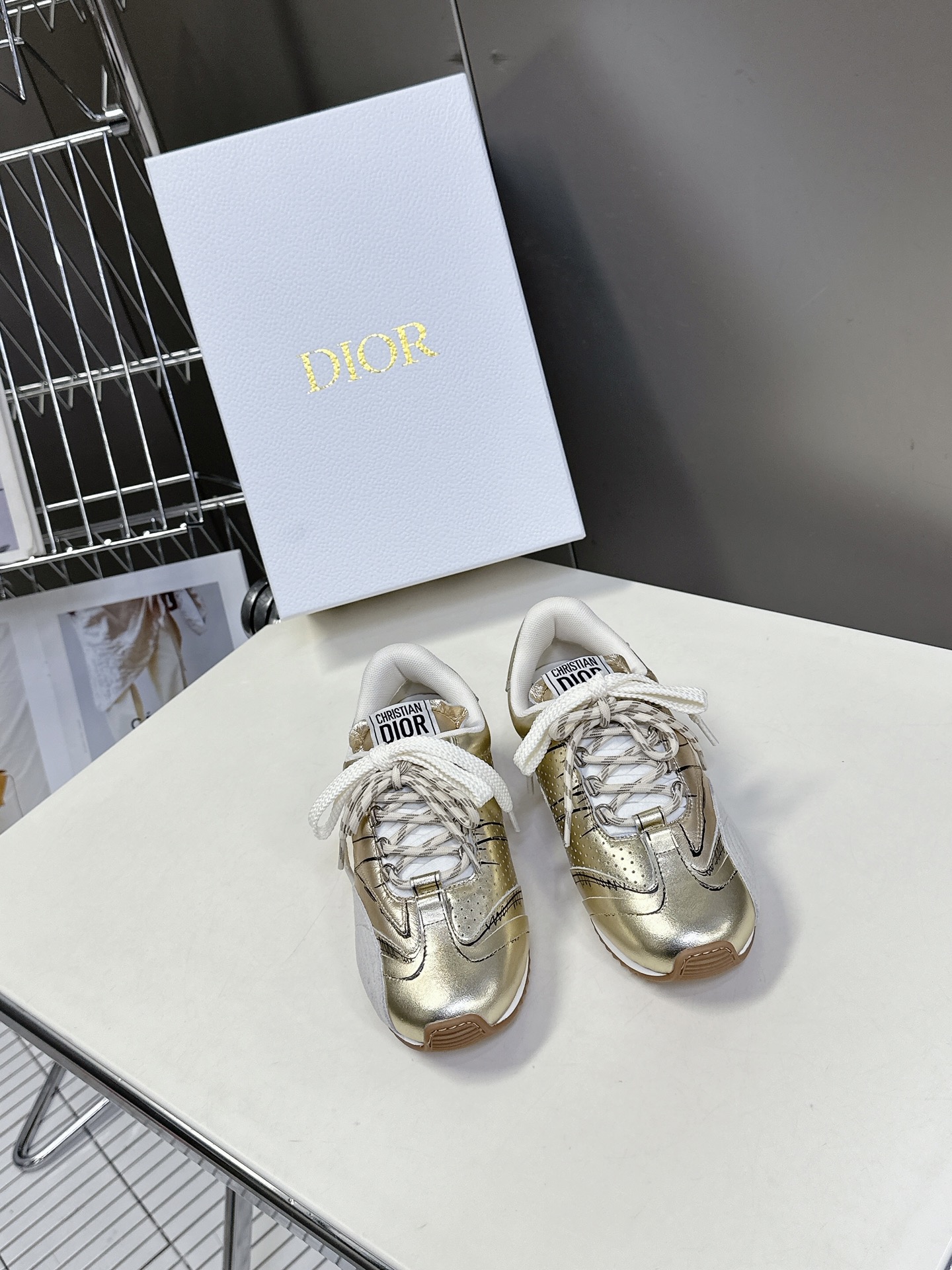 Bagsaaa D10r D-Sketch Sneaker Gold-Tone Crinkled Lambskin and Laminated Calfskin