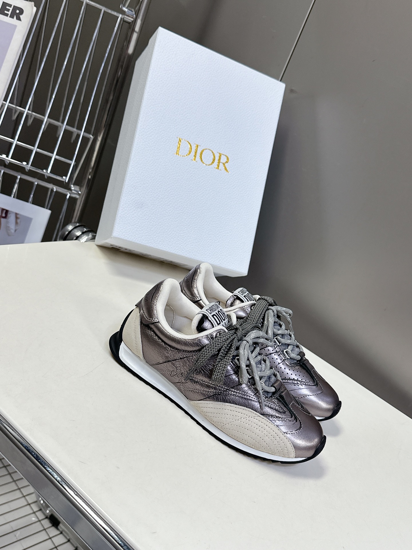 Bagsaaa D10r D-Sketch Sneaker Silver-Tone Crinkled Lambskin and Laminated Calfskin