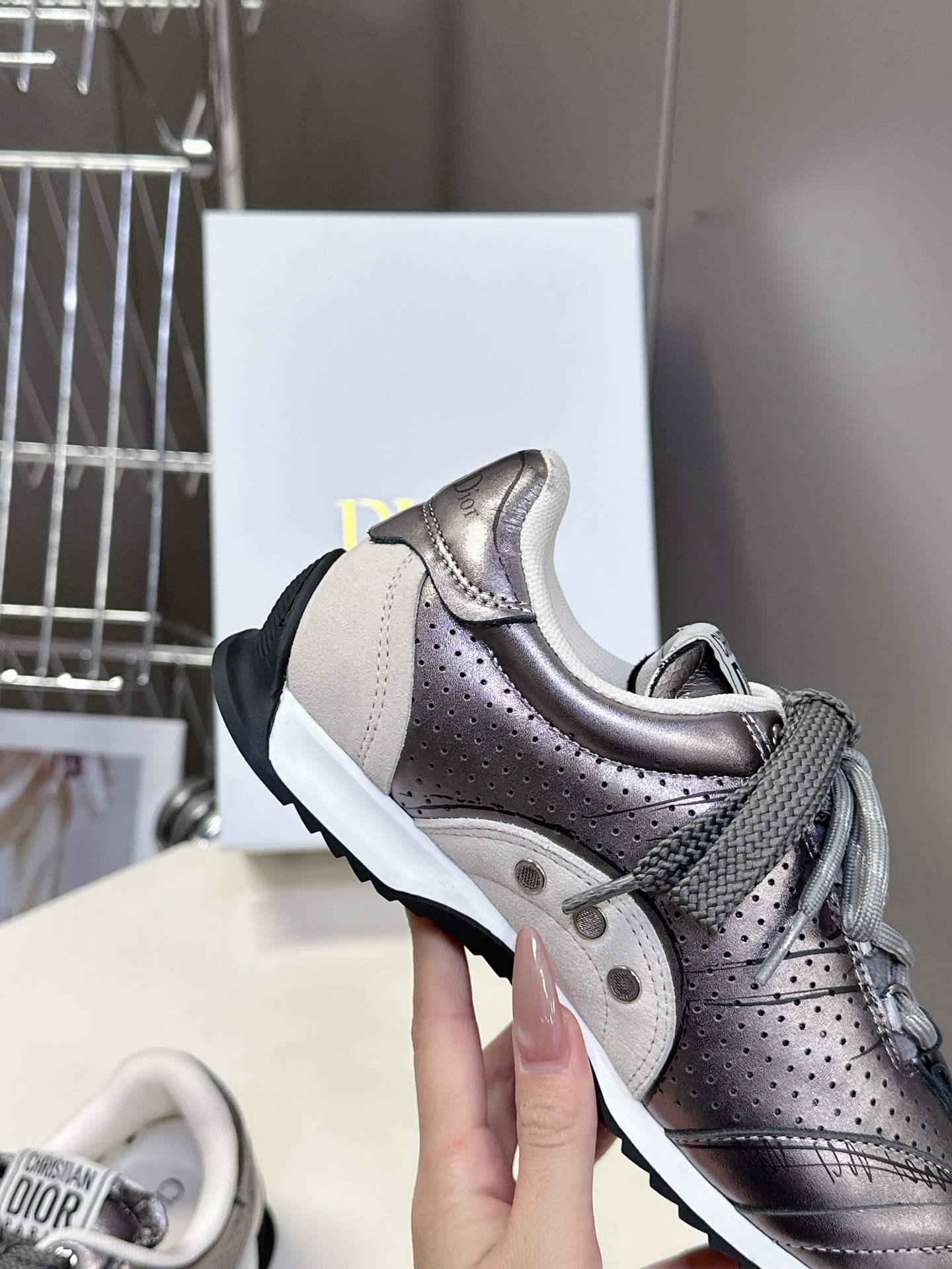 Bagsaaa D10r D-Sketch Sneaker Silver-Tone Crinkled Lambskin and Laminated Calfskin