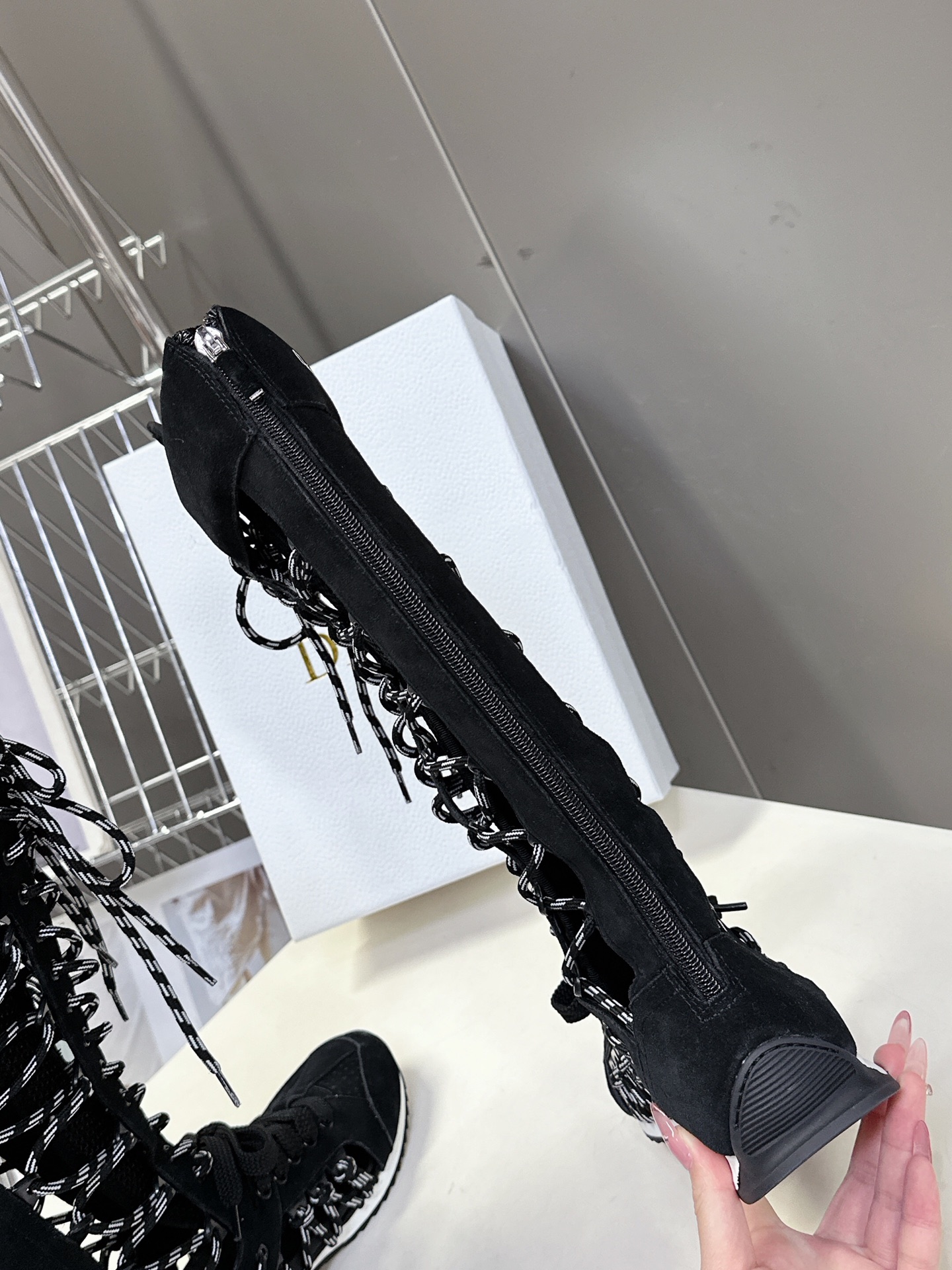 Bagsaaa Get D10r Knee-High Sneaker Black Suede Calfskin and Two-Tone Laces