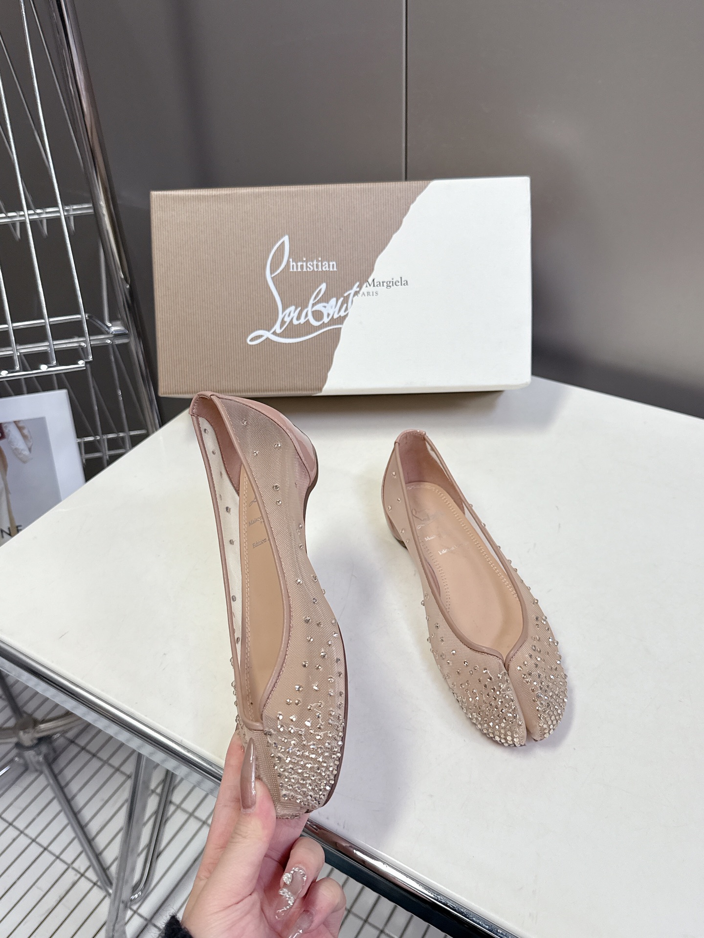 Bagsaaa CL Marlougiela Strass Ballerinas - Strass mesh and patent calf leather nude