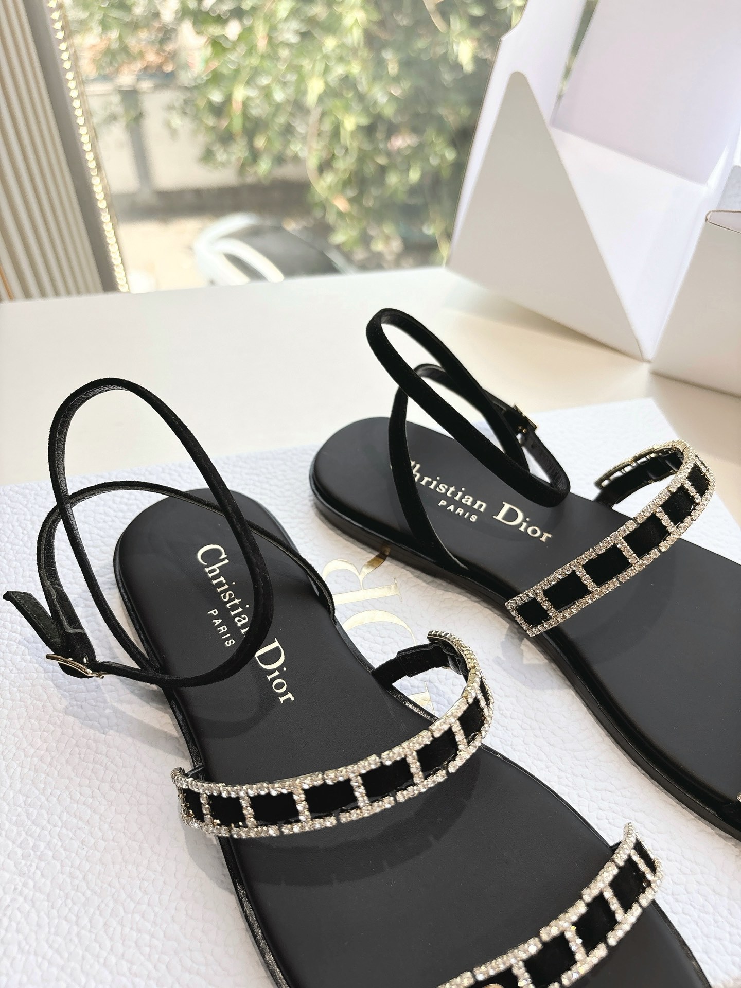 Bagsaaa D10rissime Sandal Black Suede Goatskin and Silver-Tone Strass