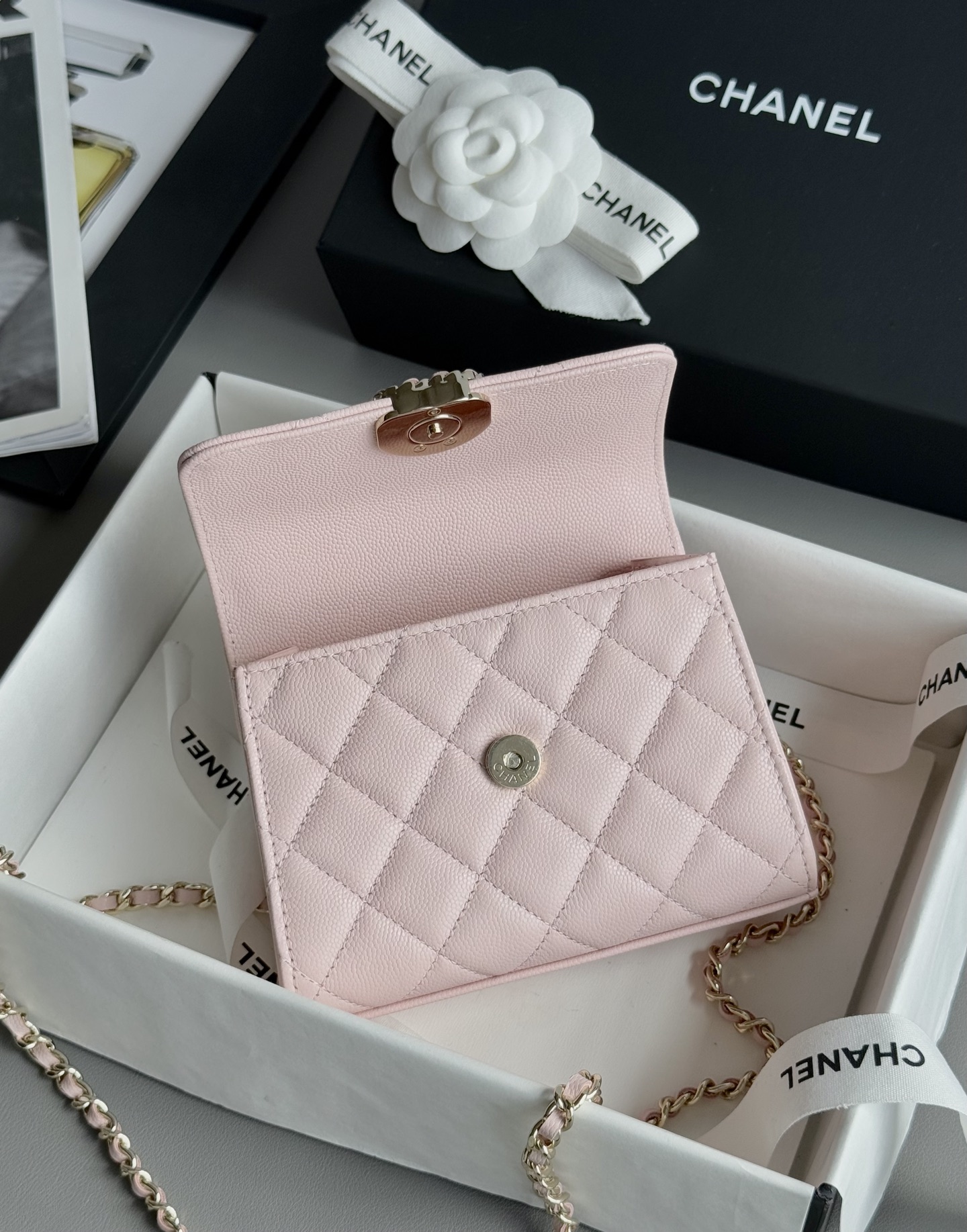 Bagsaaa Ch**el Clutch With Chain AP3237 Light Pink Grained - 15cm