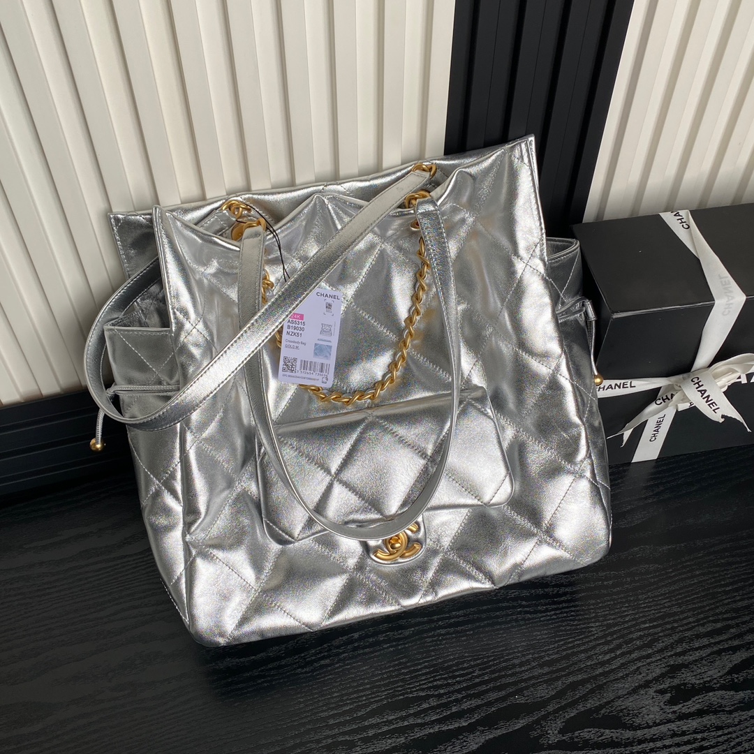 Bagsaaa Ch**el Shopping Bag AS5315 Silver Lambskin - 34 x 36 x 12cm