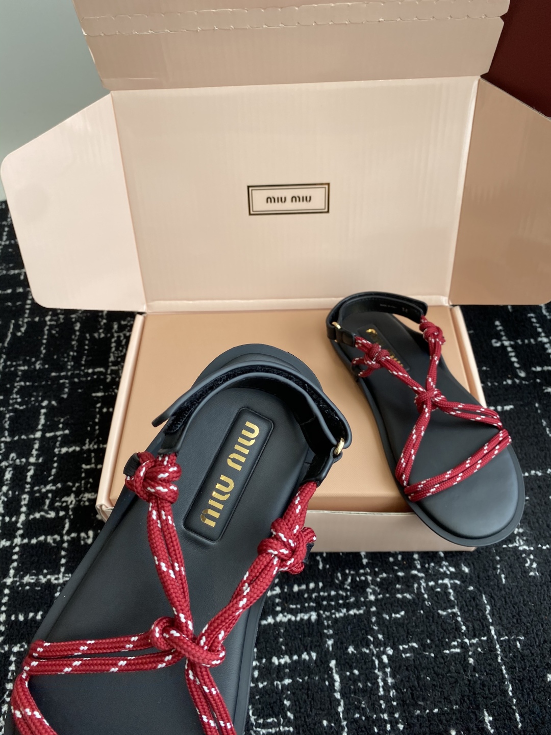 Bagsaaa Miu Miu Riviere cord and leather sandals Red