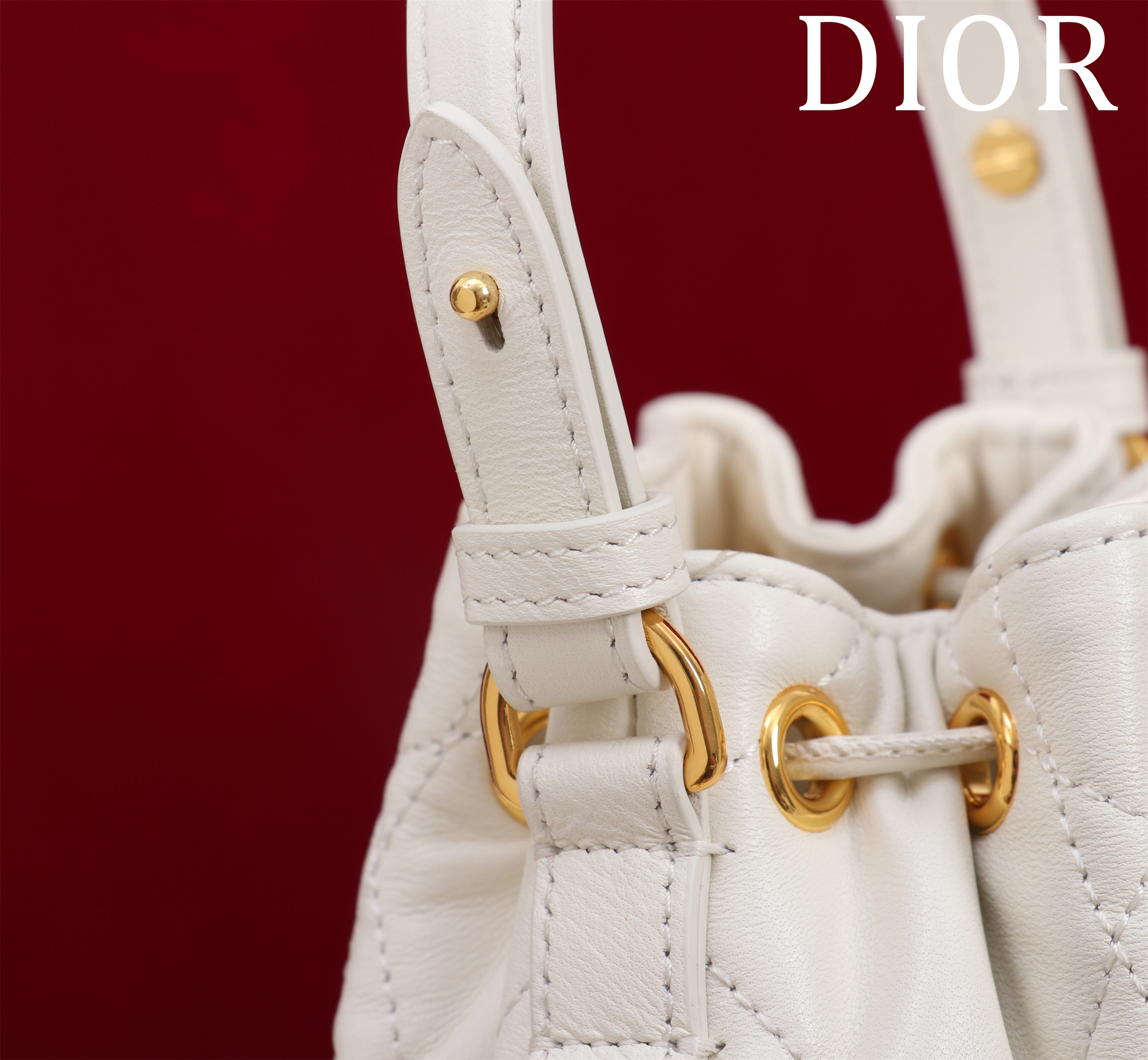 Bagsaaa D10r Caro Nano Bucket Bag White Macrocannage Lambskin - 15cm