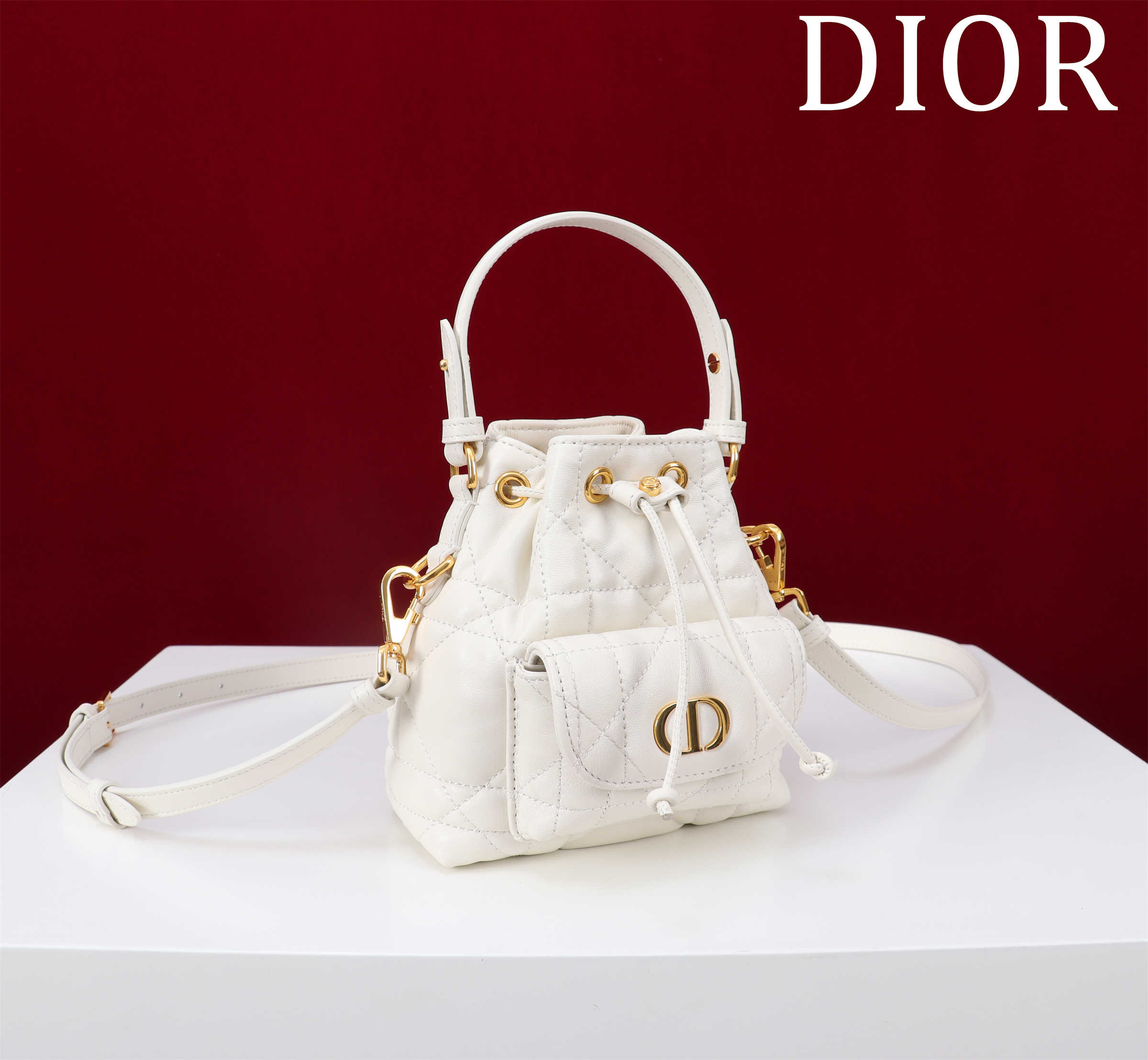 Bagsaaa D10r Caro Nano Bucket Bag White Macrocannage Lambskin - 15cm