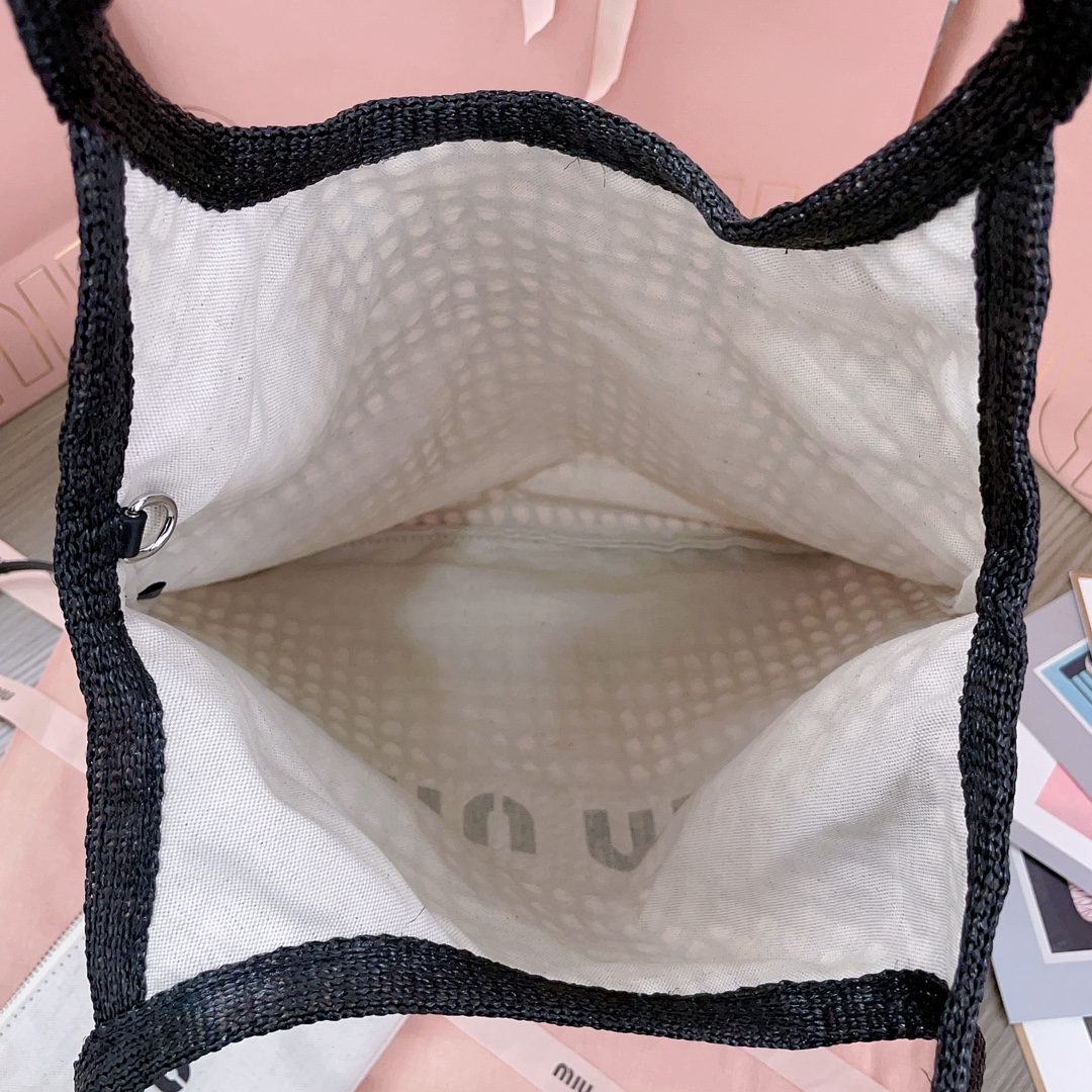 Bagsaaa Miu Miu IVY raffia-effect and linen bag 5BG231 Black - 40cm