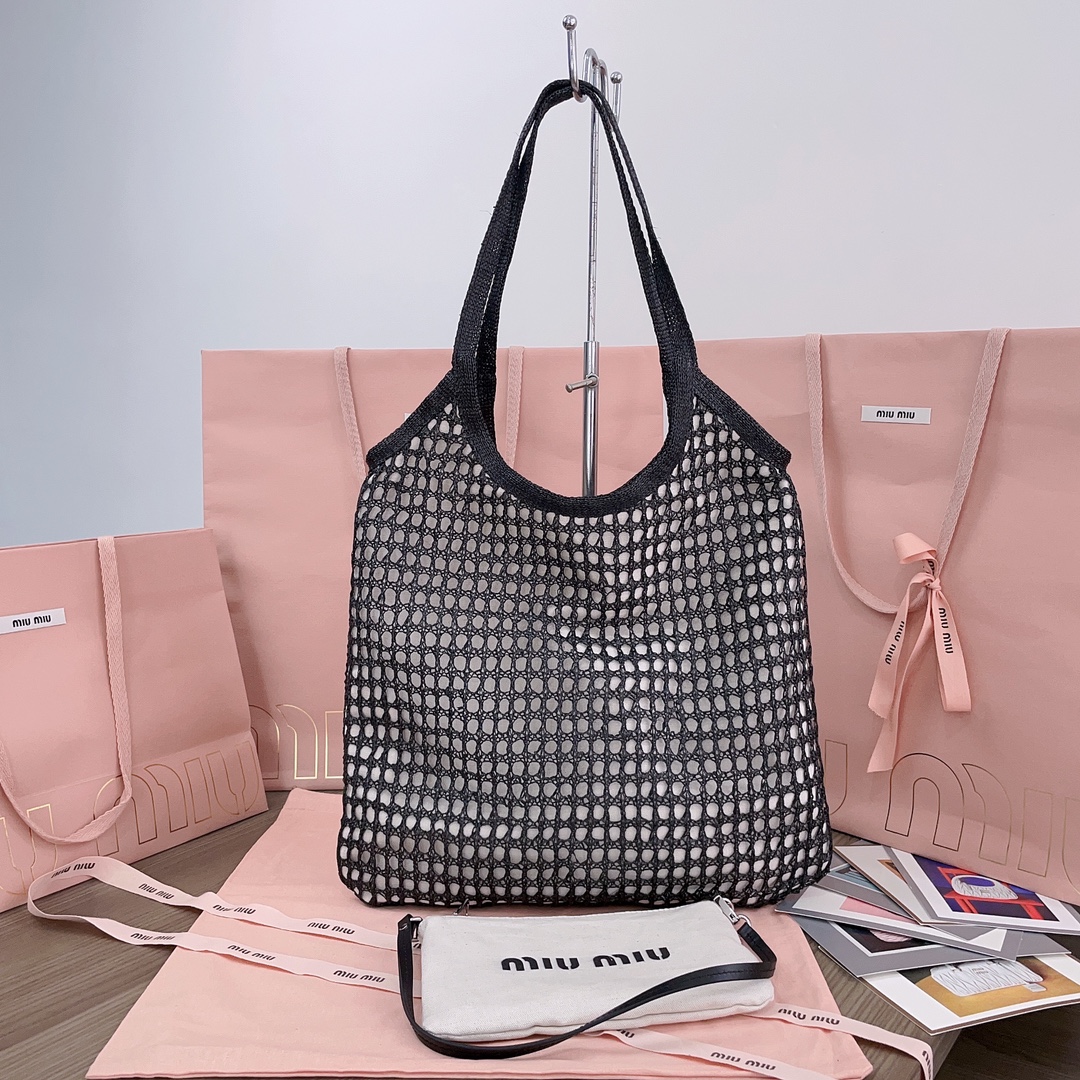Bagsaaa Miu Miu IVY raffia-effect and linen bag 5BG231 Black - 40cm