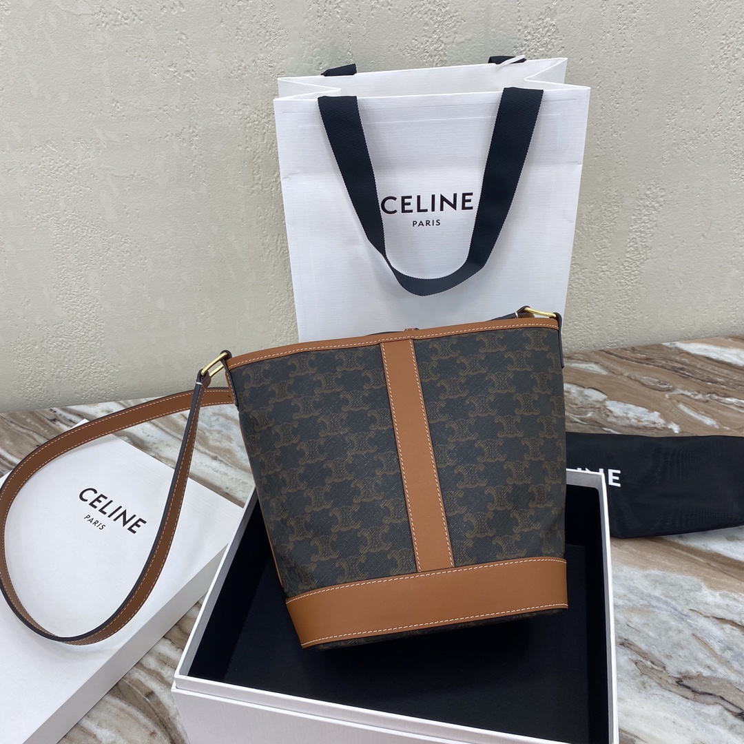 Bagsaaa Ce1i*e Small Bucket In Triomphe Canvas And Calfskin 191442 - 22cm