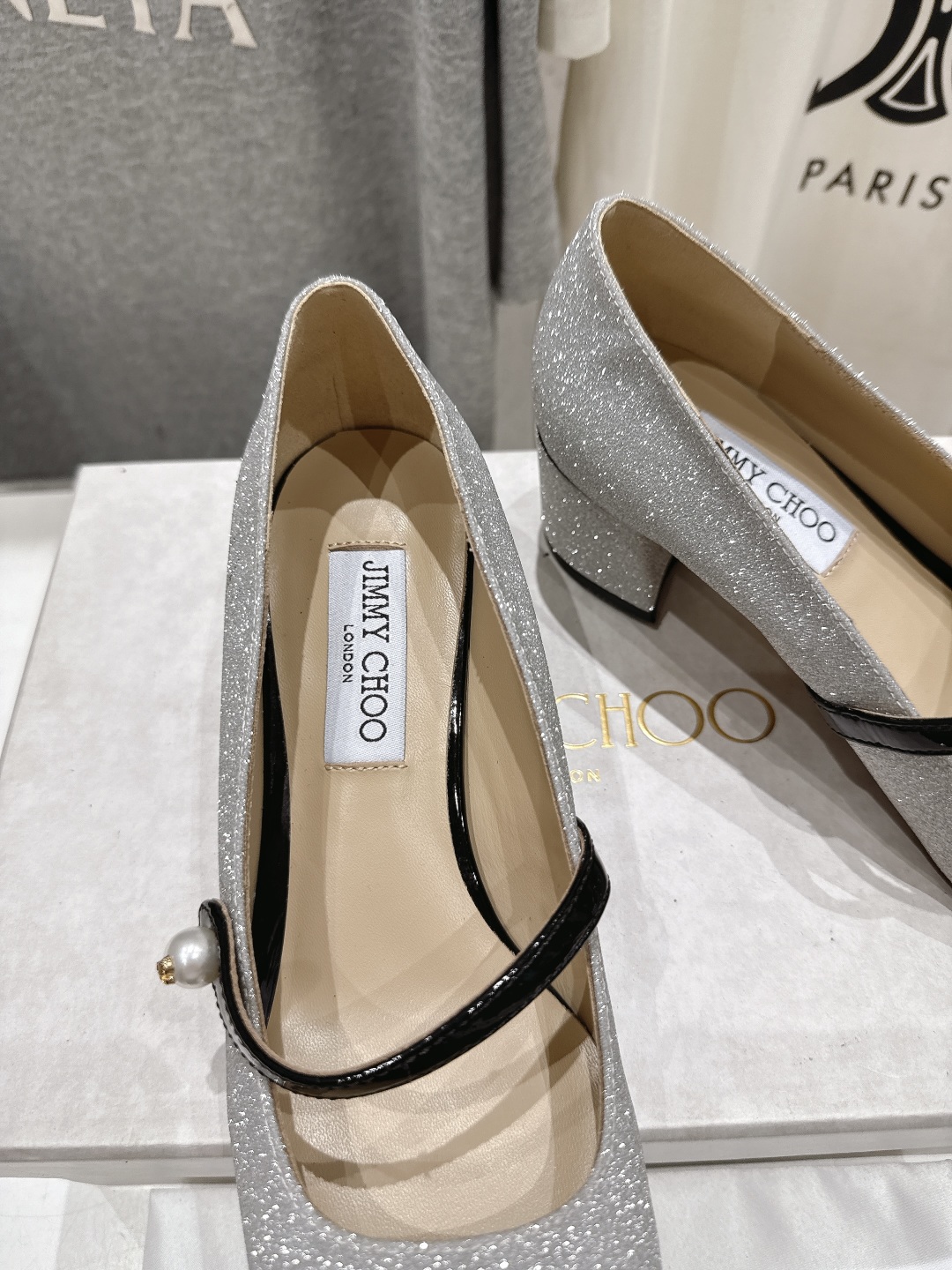 Bagsaaa J1m*y Ch00 Elisa 45 Silver Glitter and Patent Pumps