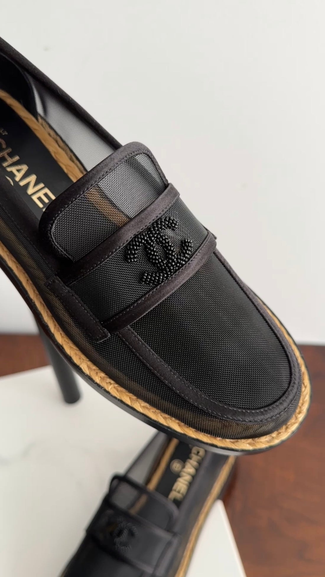 Bagsaaa Ch**el Pearl Logo Black Mesh Loafer