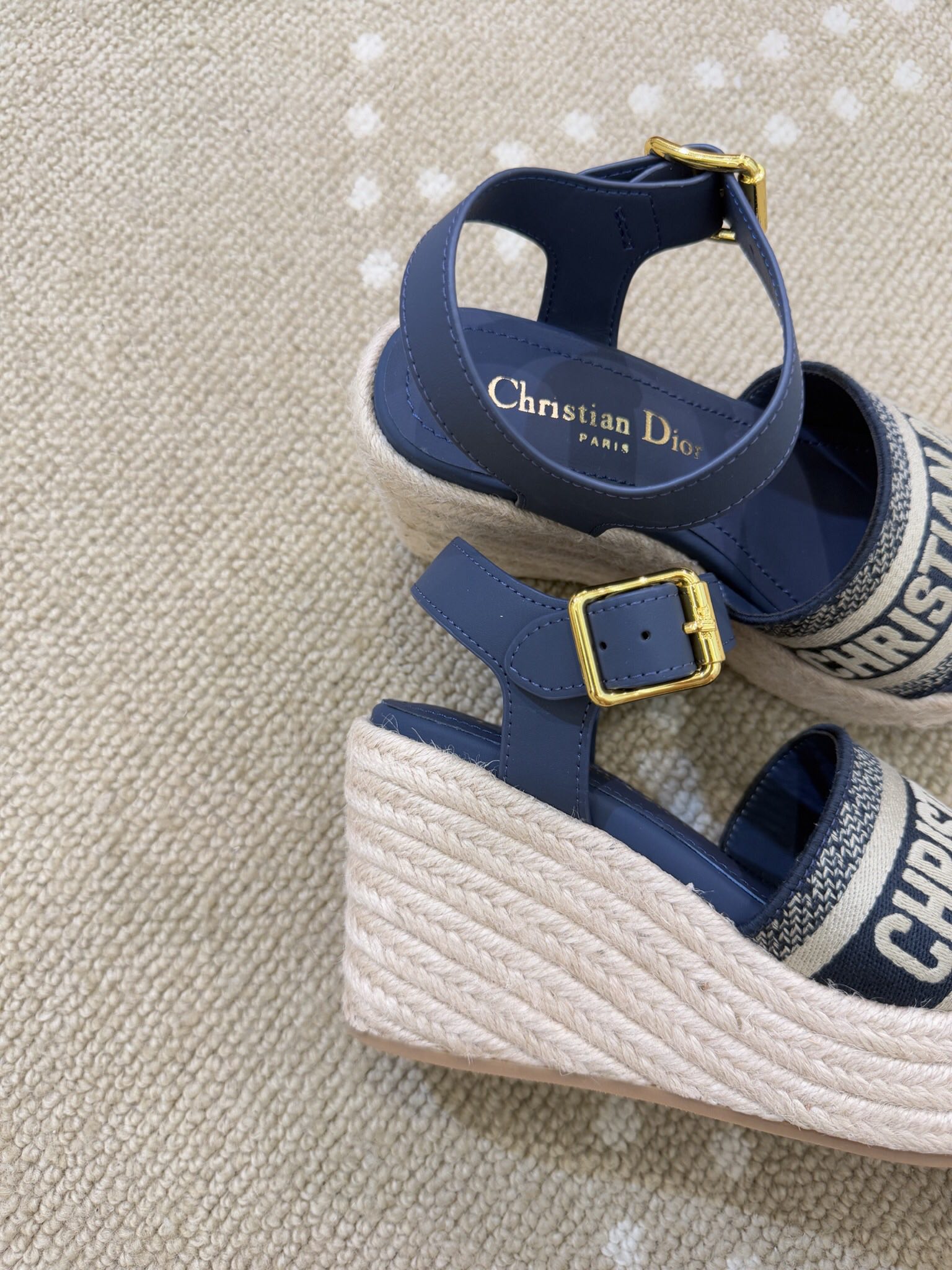 Bagsaaa D10r Dway Wedge Sandal Deep Blue Calfskin and Embroidered Cotton