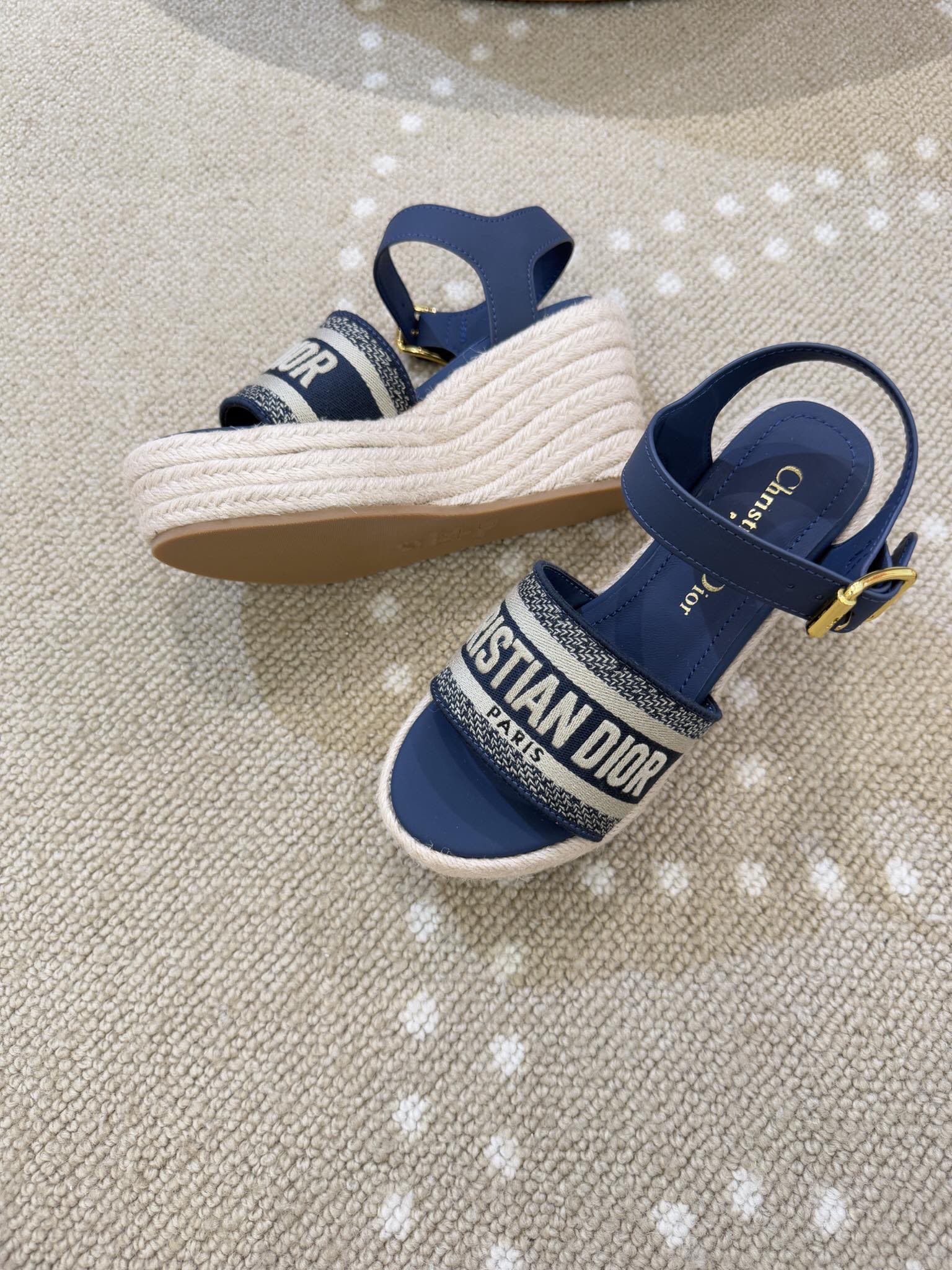 Bagsaaa D10r Dway Wedge Sandal Deep Blue Calfskin and Embroidered Cotton