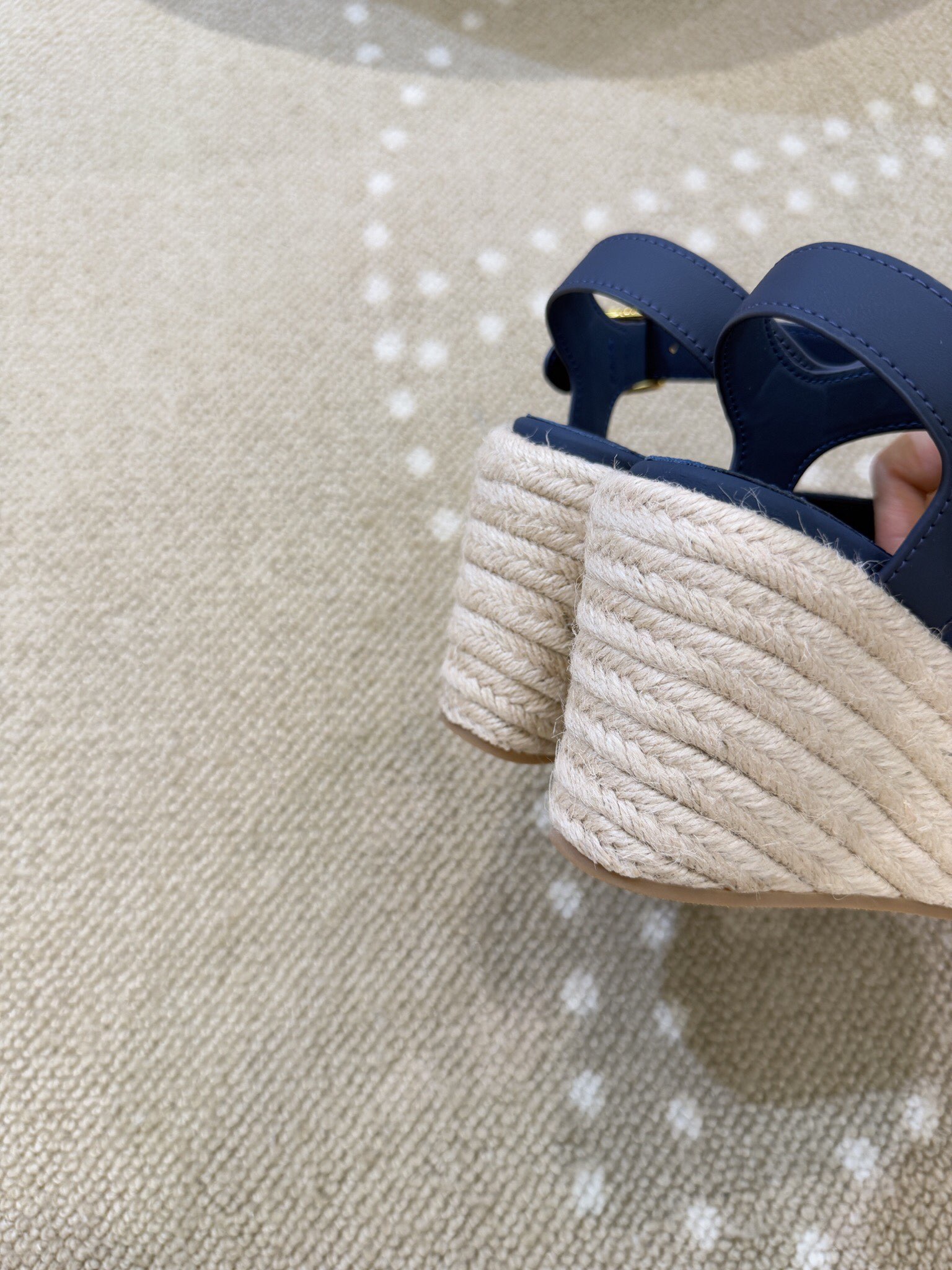 Bagsaaa D10r Dway Wedge Sandal Deep Blue Calfskin and Embroidered Cotton