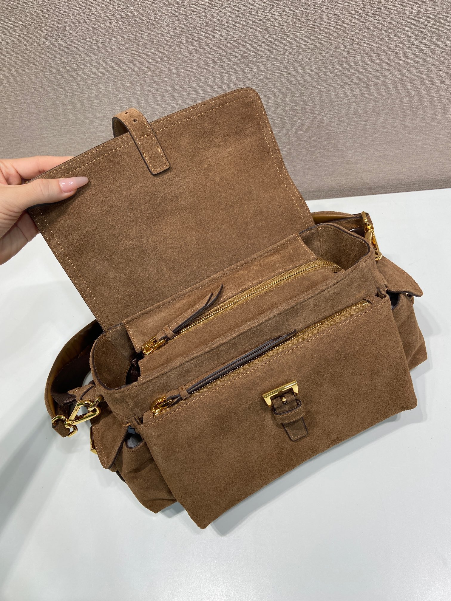 Bagsaaa Pra*a Explore medium suede shoulder bag with flap Brown 1BD394 - 30cm