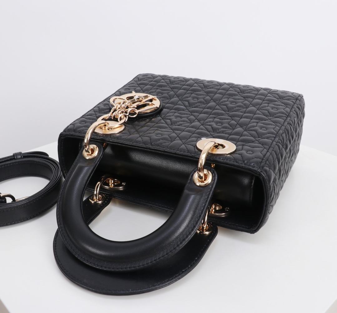 Bagsaa Small Lady D10r Bag Black Cannage Lambskin with Star Motif - 20cm