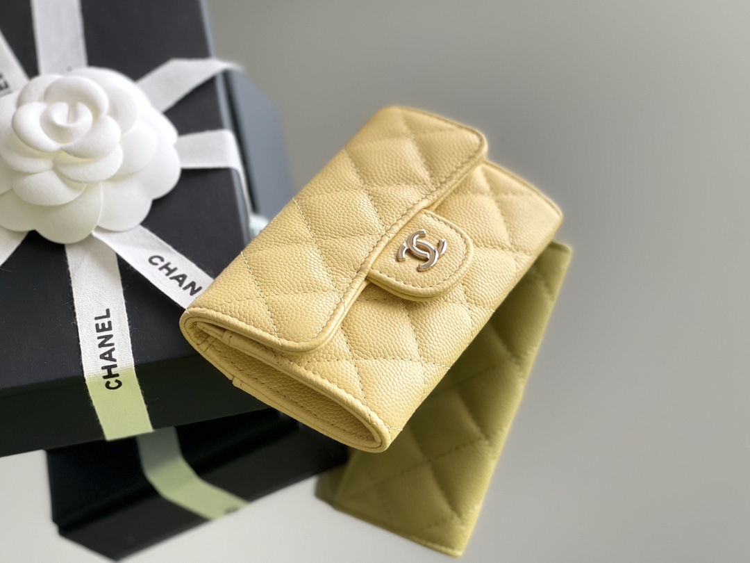 Bagsaaa Ch**el Classic Card Holder Grained Calfskin Yellow - 11.3cm