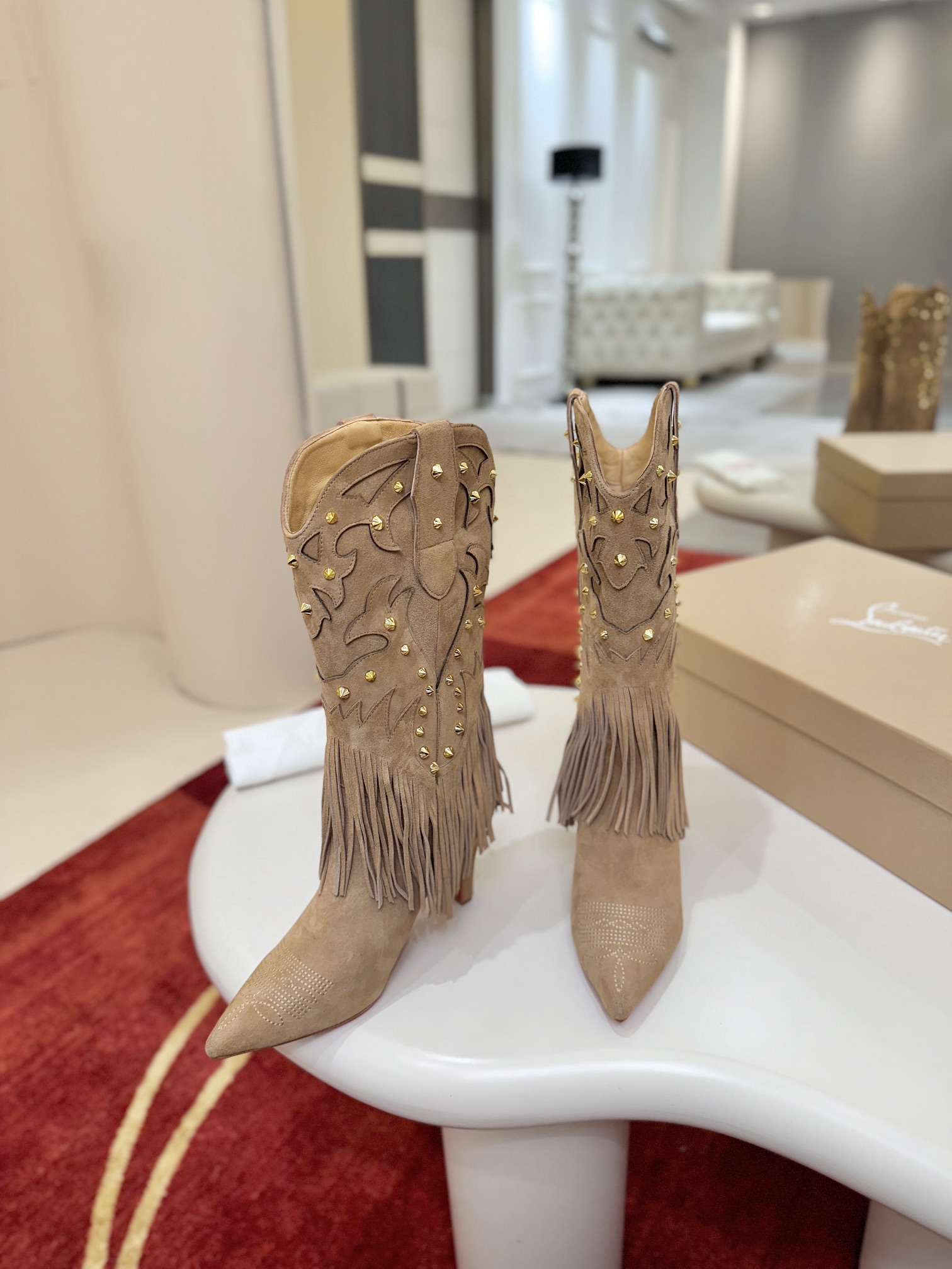 Bagsaaa Chr1st1an Louboutin Santia Fringe 85mm boots in beige