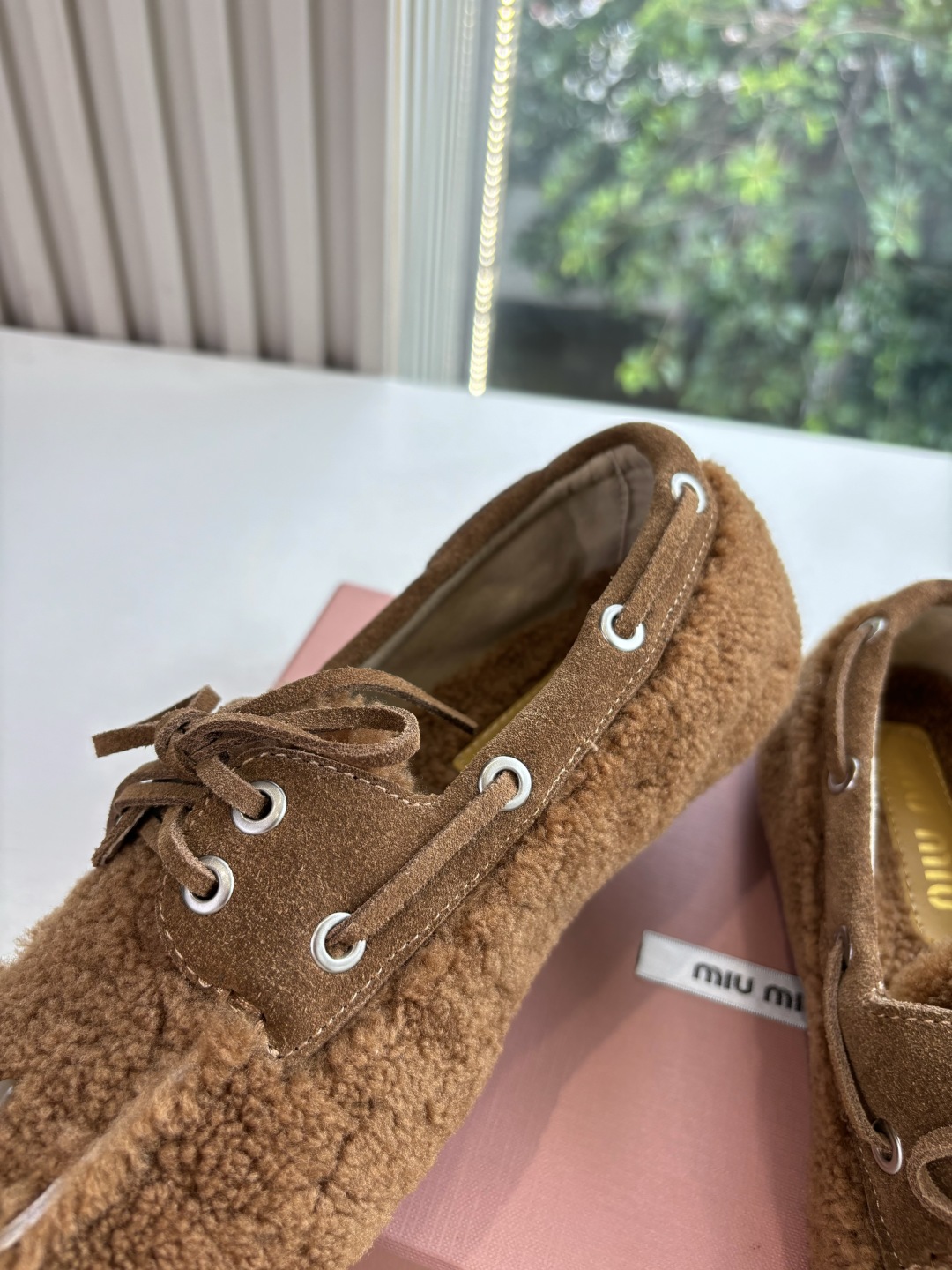 Bagsaaa Miu Miu shearling loafers brown