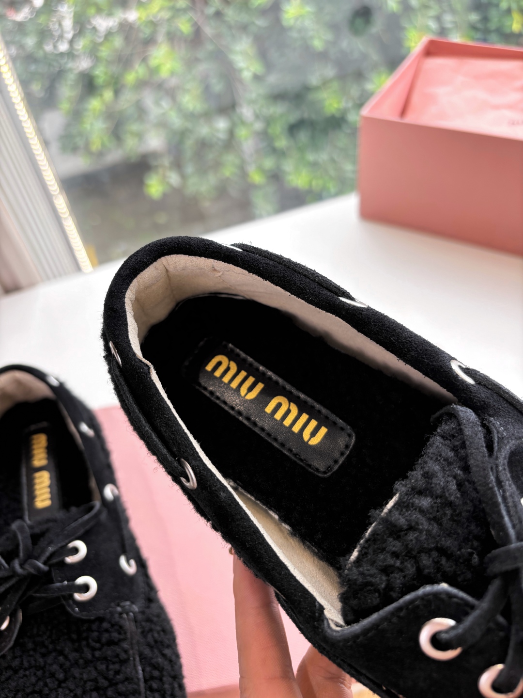 Bagsaaa Miu Miu shearling loafers black