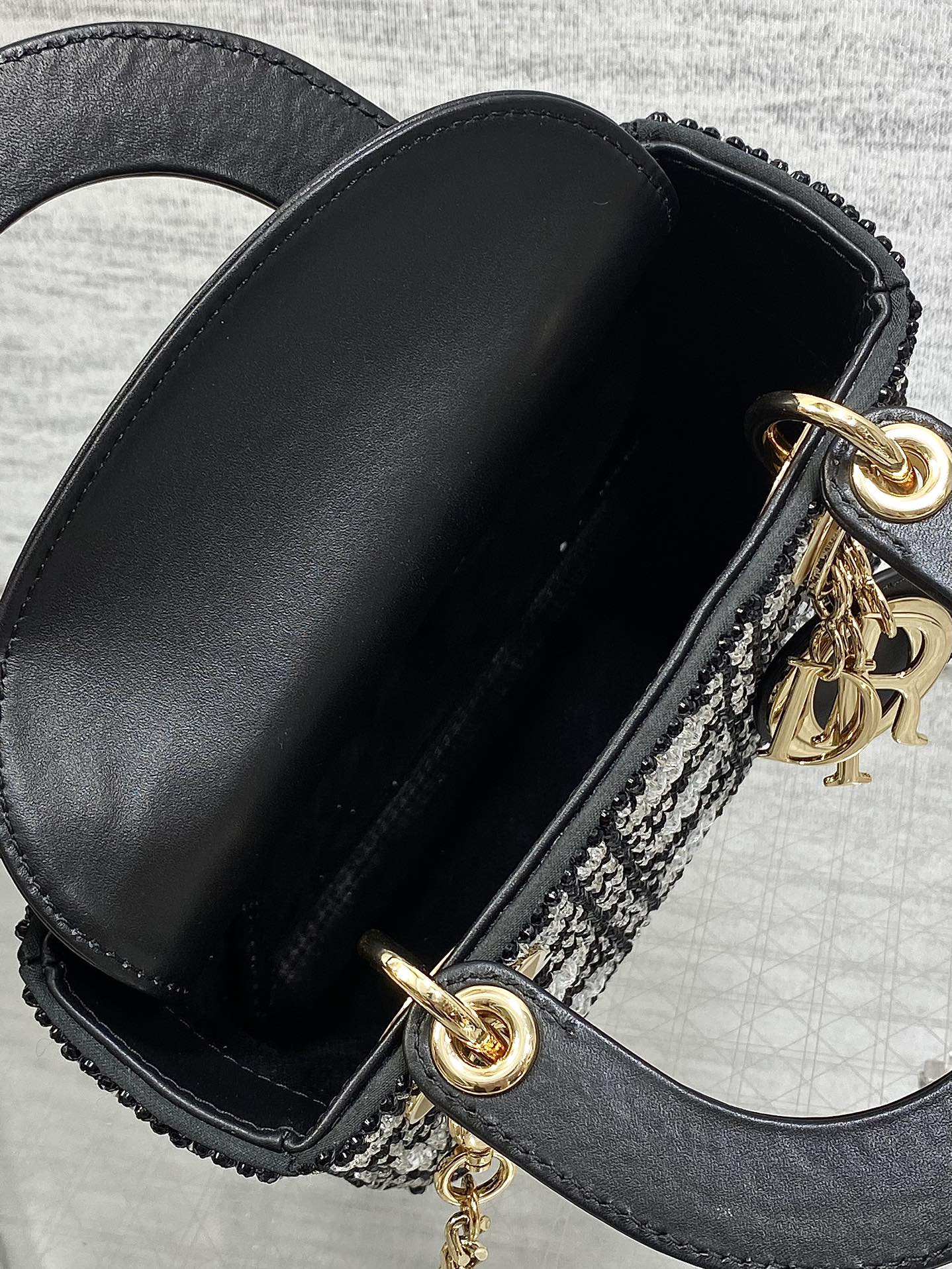 Bagsaaa Mini Lady D10r Bag Cannage Embroidery with Black Beads and Silver-Tone Strass - 17cm