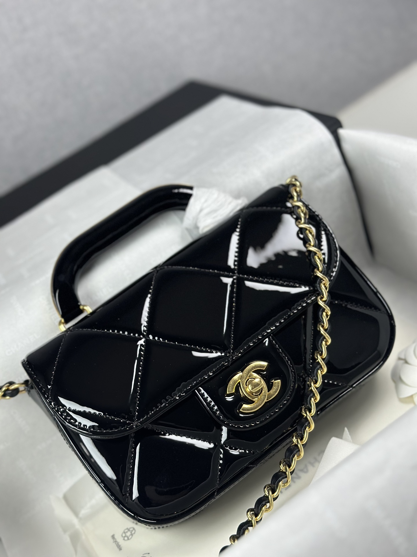 Bagsaaa Ch**el Mini Flap Bag with Top Handle AS5805 Black Patent - 18.5cm