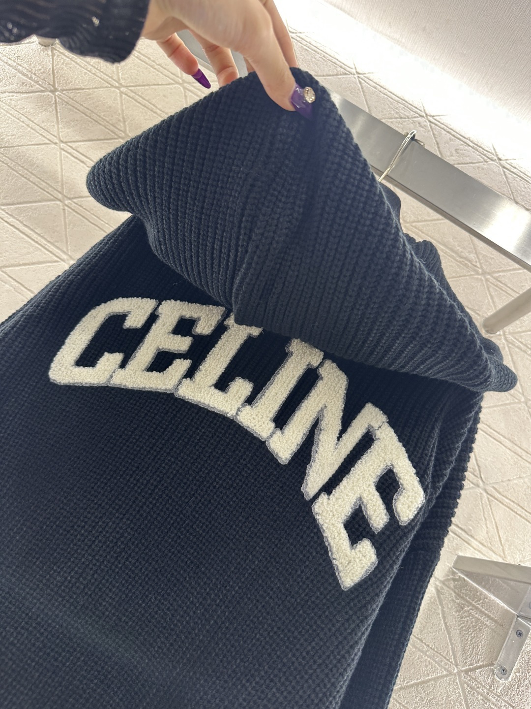 Bagsaaa Ce1i*e Homme Logo-Appliquéd Ribbed Wool Hoodie in navy blue