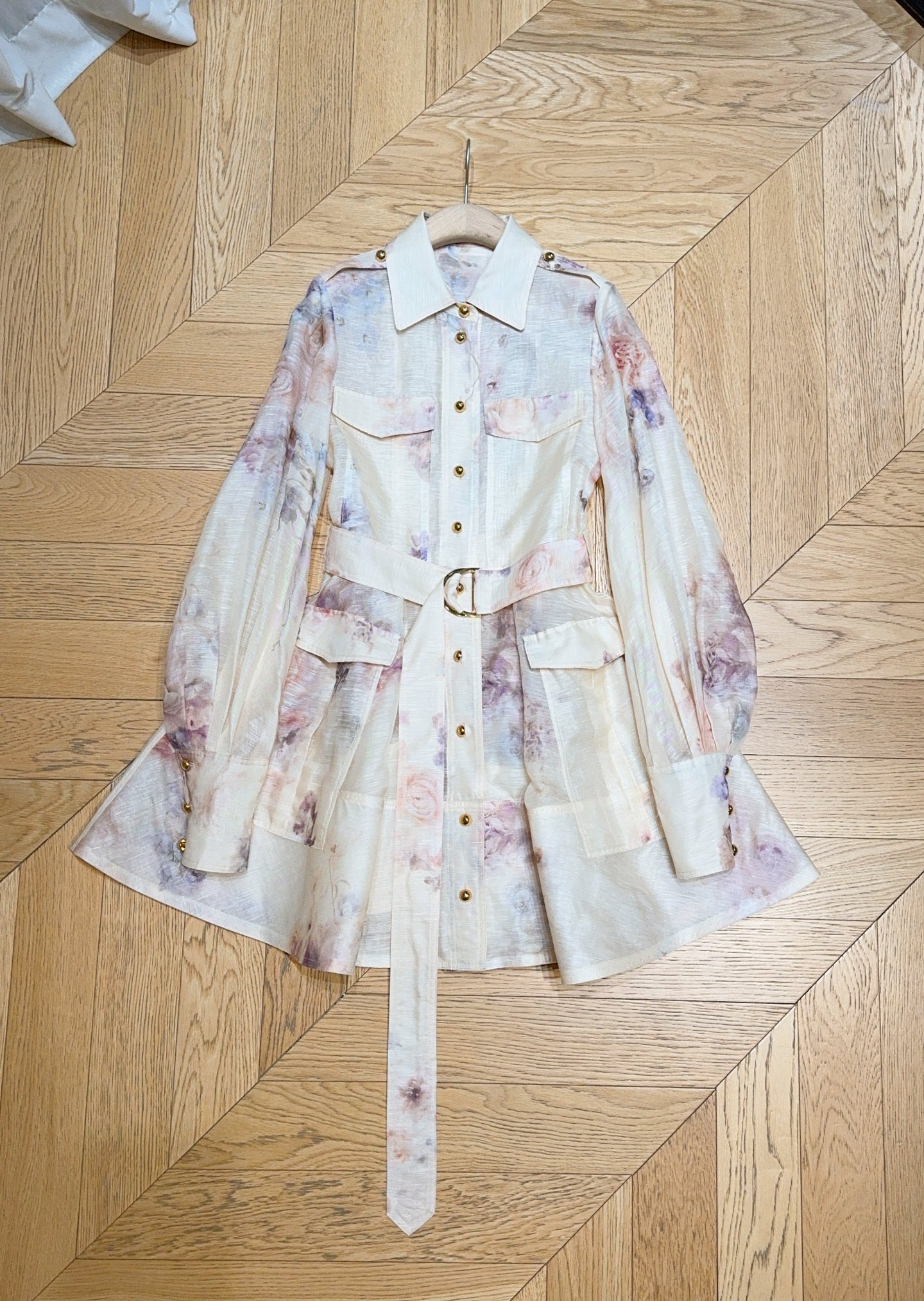 Bagsaaa Zimmermann Hypnotic Utility Mini Dress in cream floral linen