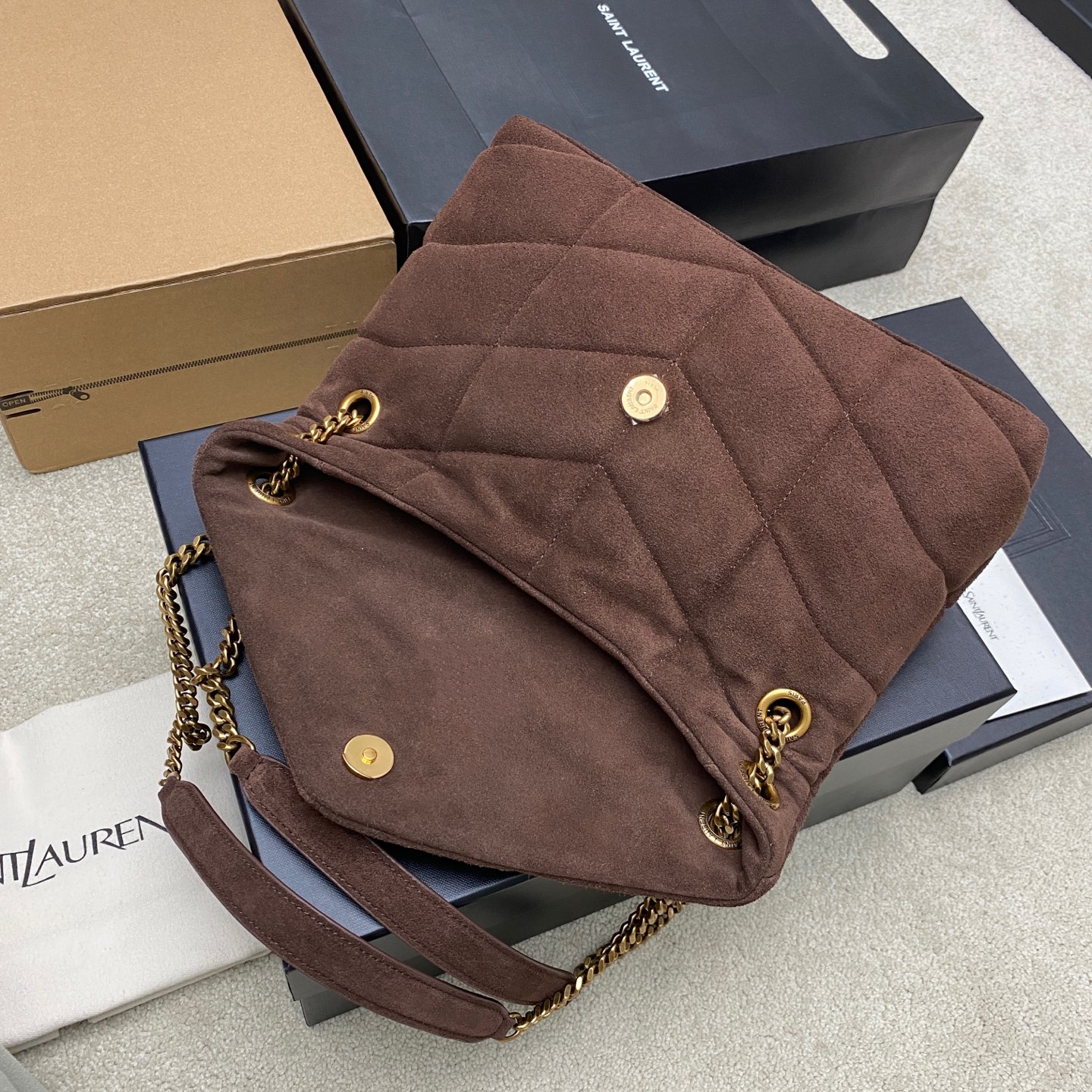 Bagsaaa Y51 Sa1nt Lau*nt Puffer Small shoulder bag in brown suede with gold - 29cm