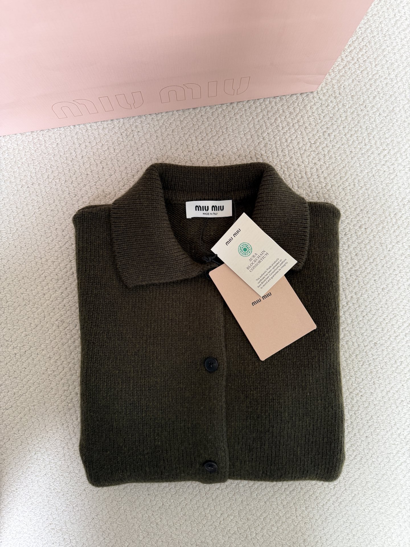 Bagsaaa Miu Miu military green wool cardigan