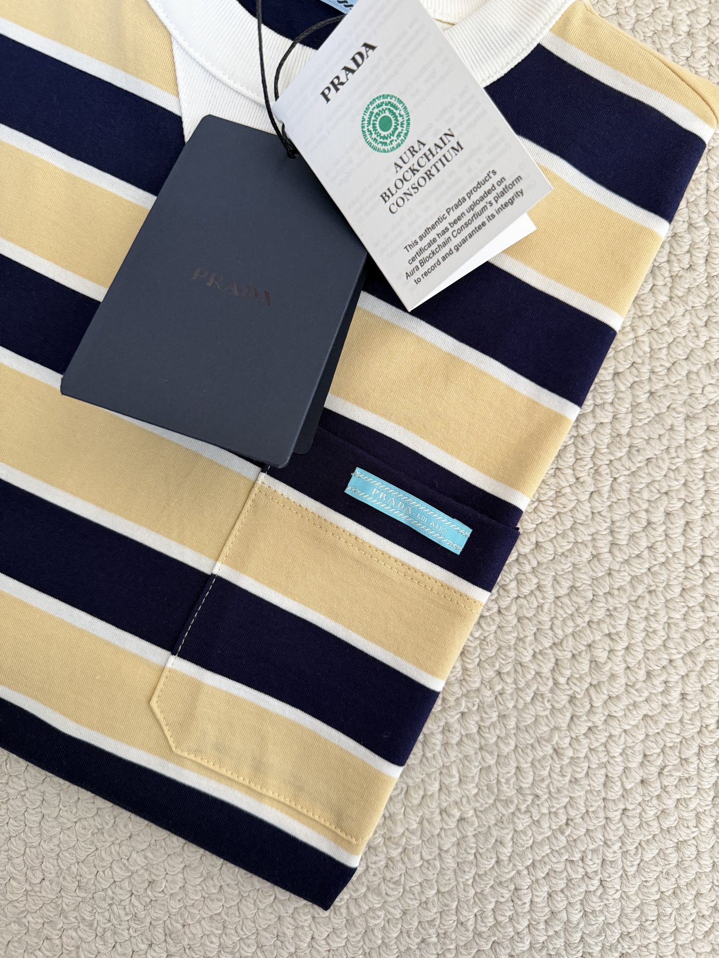 Bagsaaa Pra*a striped cotton lisle T-shirt in cream and navy blue 