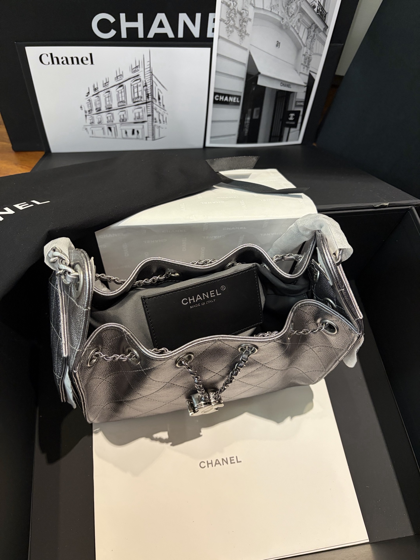 Bagsaaa Ch**el 25 Hobo Bag in Metallic Grained Calfskin with Silver - 22cm