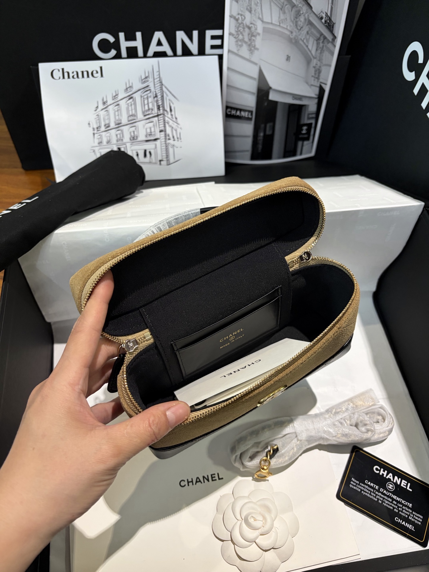 Bagsaaa New Collection 2026 Vanity with Chain AP5186 Beige & Black - 19.5cm
