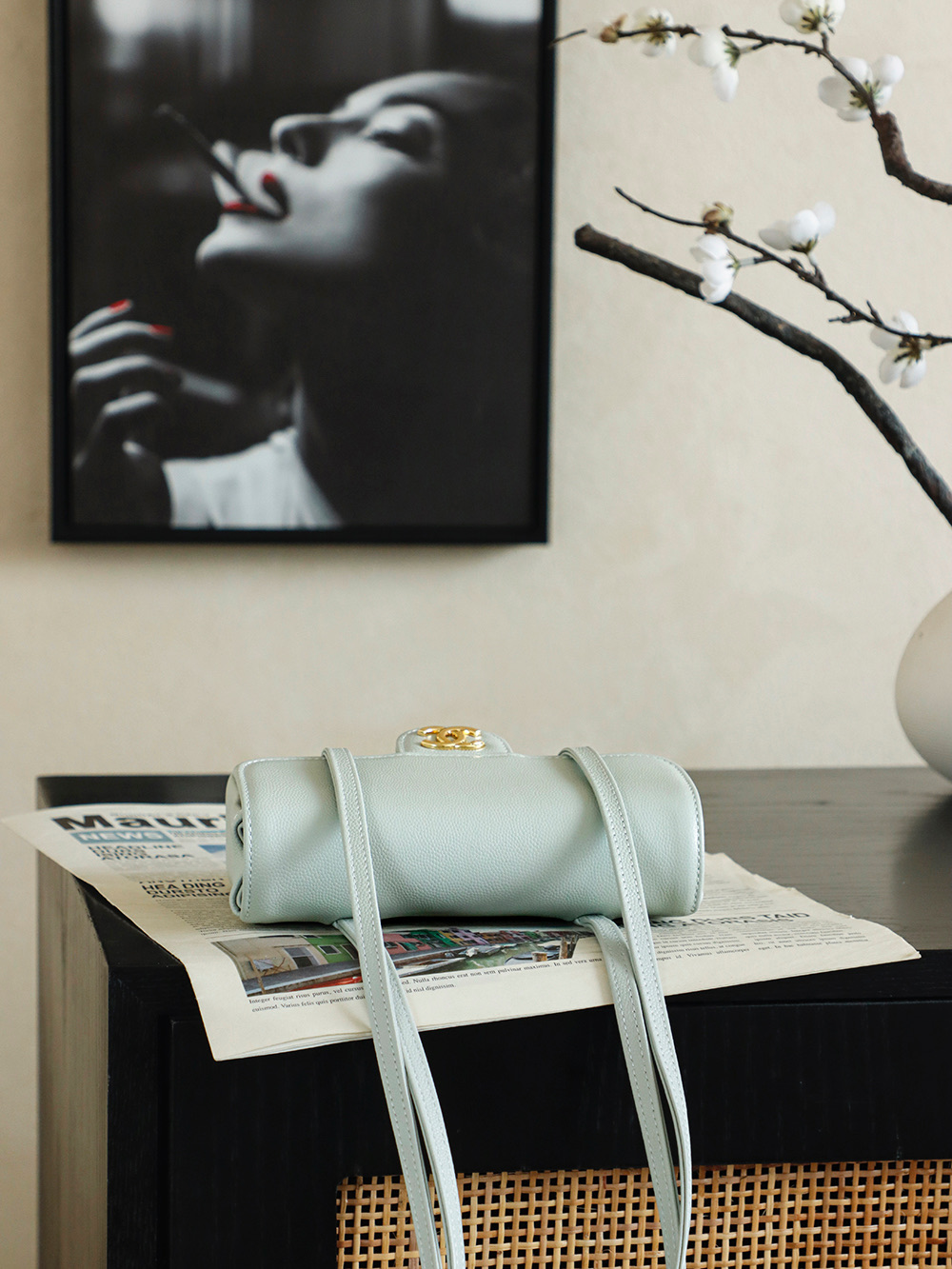 Bagsaaa Ch**el Spring Summer 2026 Clutch with Leather Strap AP5068 light blue - 17cm