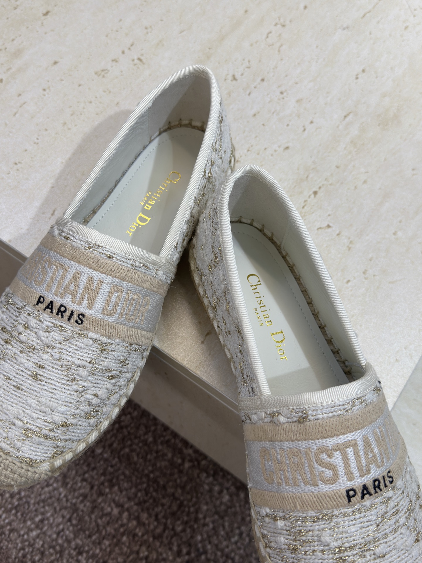 Bagsaaa D10r Granville Espadrille White Cannage Tweed and Gold-Tone Metallic Thread